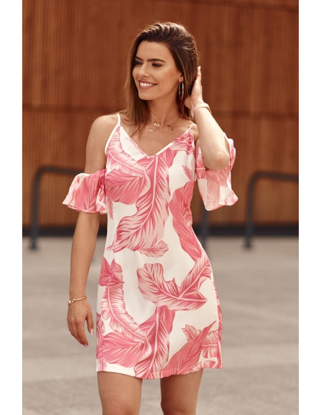 Cream dress with straps and sleeves in pink leaves PR3215 - Online store - Boutique